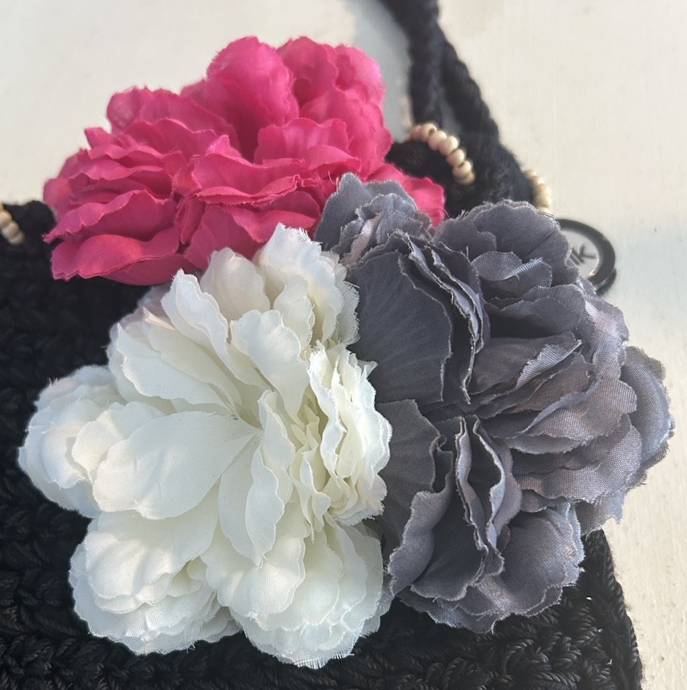 The SAK Black Crochet Purse W/ Removeable Flower Pins Wood Beads Double Handles