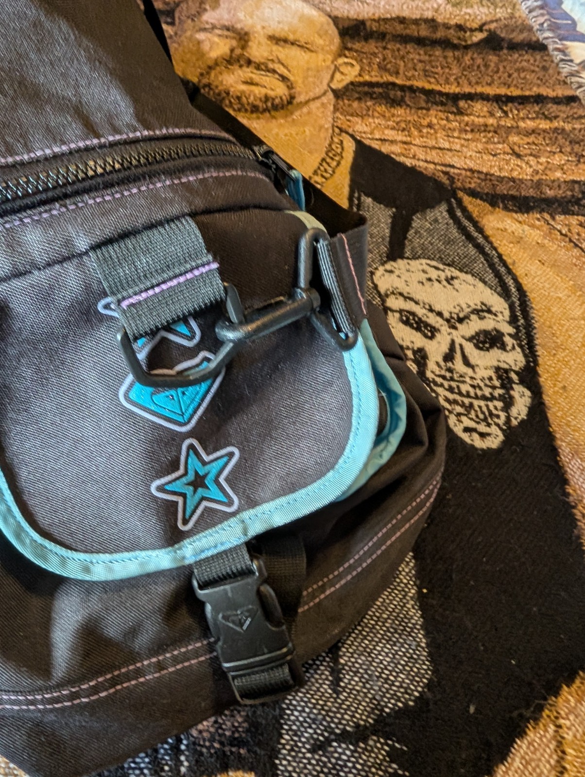 Y2K Roxy Large Duffle Bag With Multiple Handles & Pockets Black Blue 26″