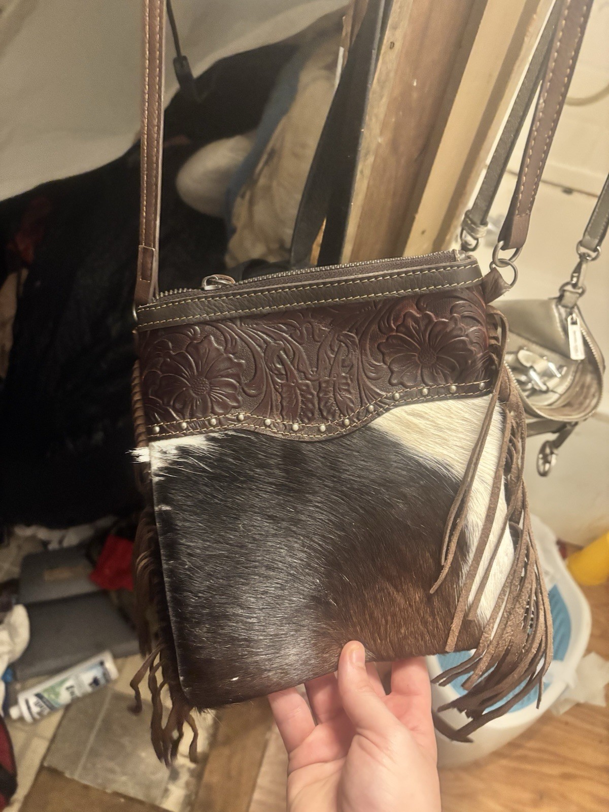 Western Tooled Hair-On Hide Crossbody Bag w/ Fringe Tassel, Zip, Pockets