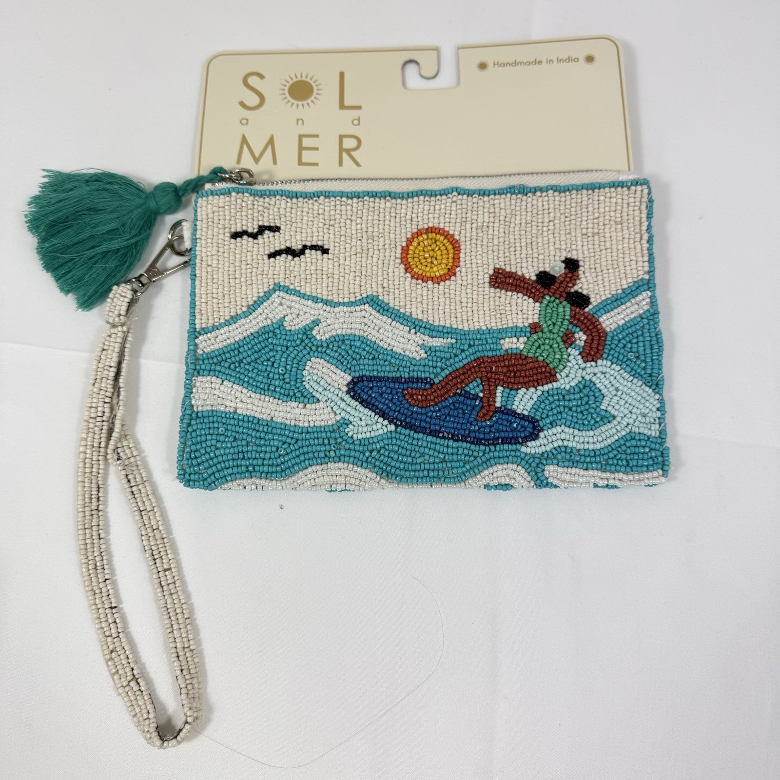 Sol & Mer Beaded Pouch Surf Girl Ocean Summer Boho Wristlet Bag Beach Fun Party