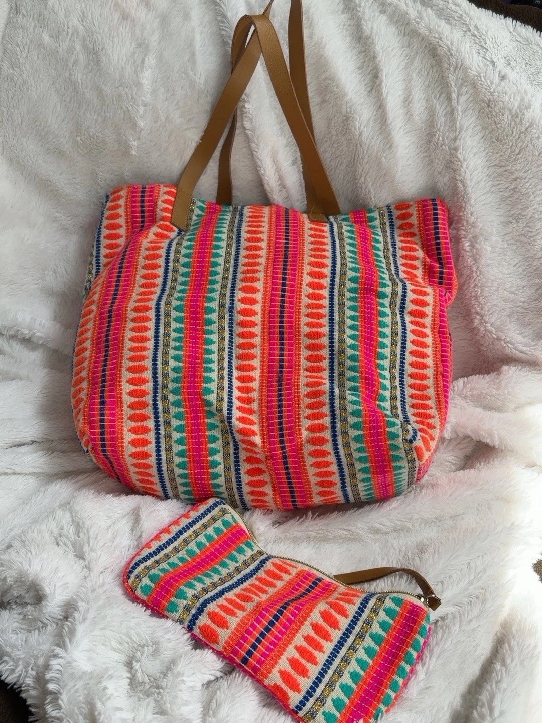 Boho Tribal Canvas Tote Bag w/ Matching Zipper Pouch Colorful Beach Market Bohem