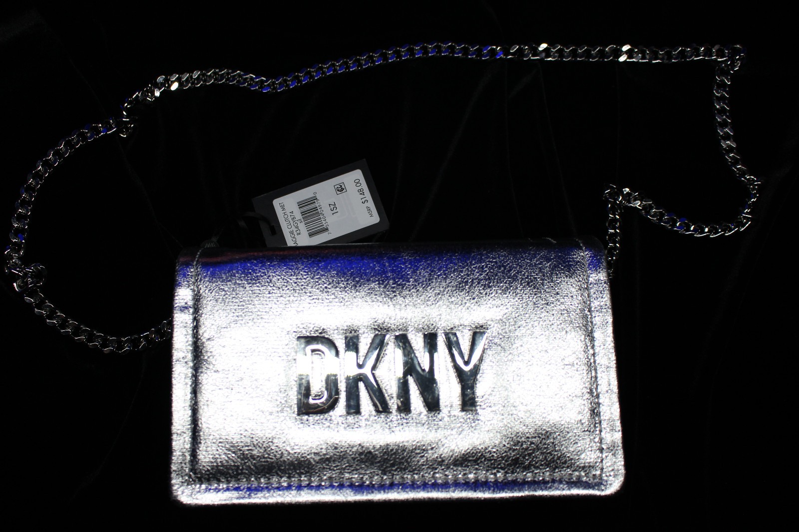 DKNY Silver Metallic Clutch Hand Bag with crossbody strap snap closure