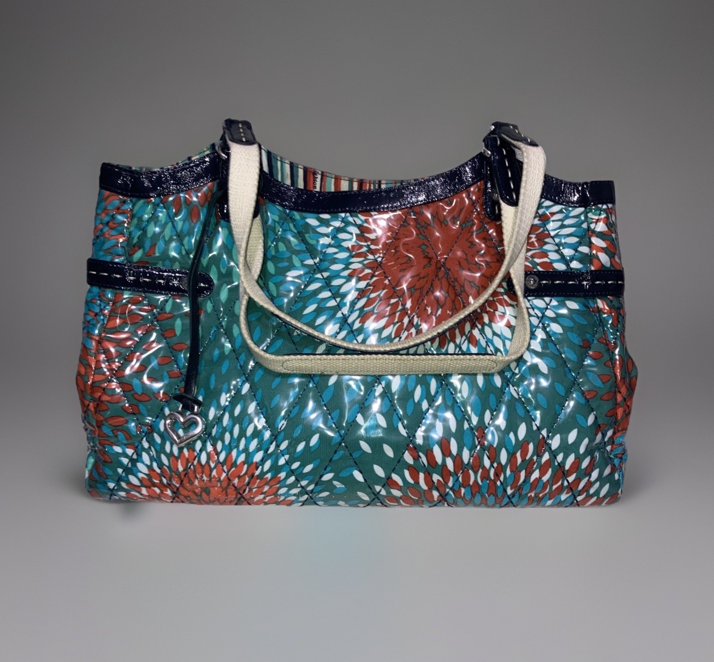 Brighton Vinyl Coated Quilted Floral Fabric Blue Patent Leather Tote Handbag