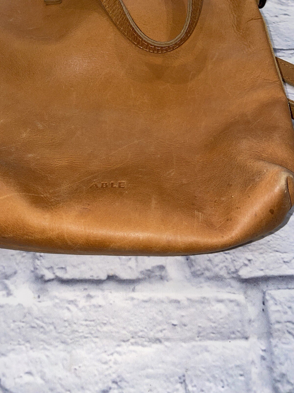 ABLE Leather ABERA Crossbody Tote Commuter Bag Purse Brown Tan Cognac Distressed