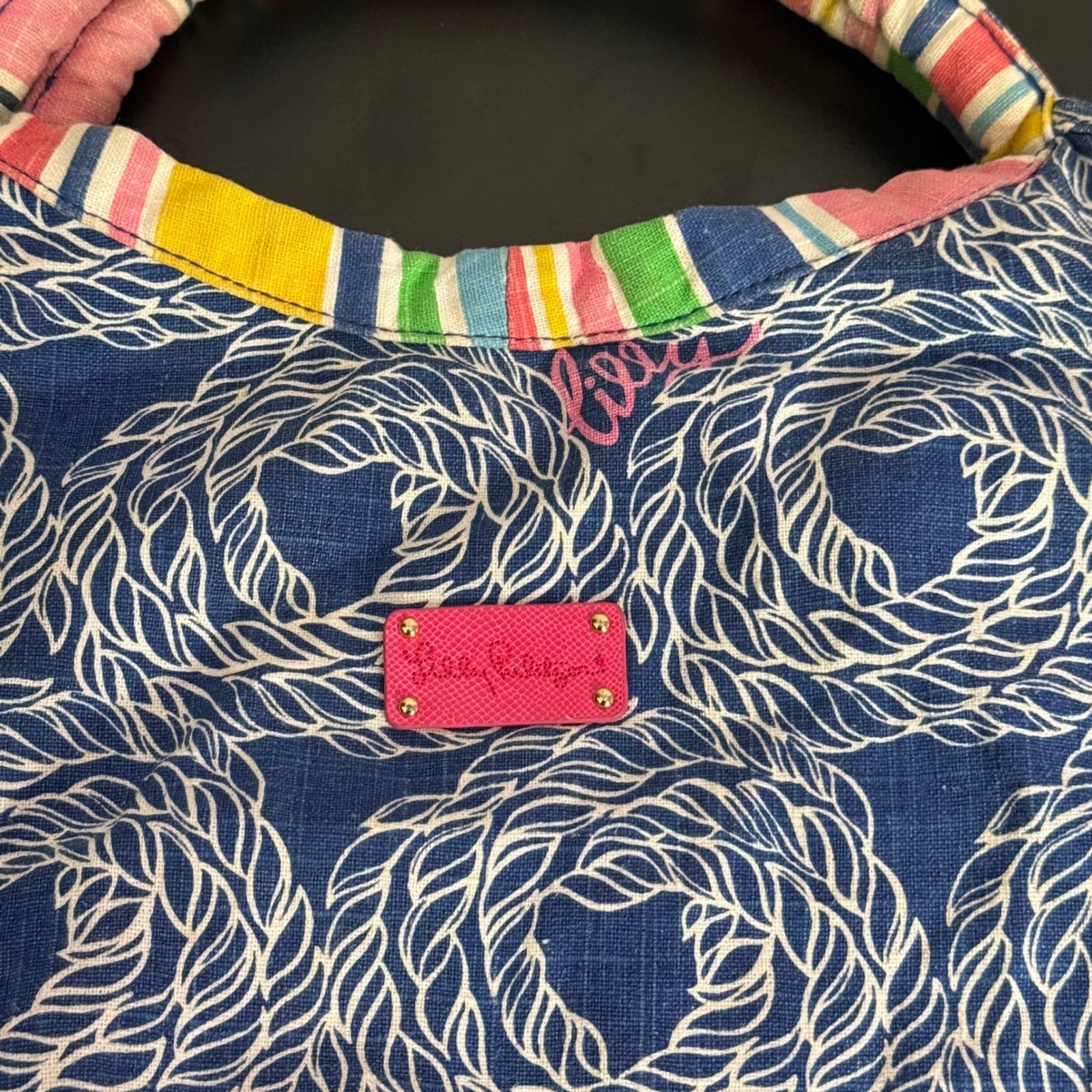Lilly Pulitzer True Blue Knots BOHO Beach Bag Nautical Rope Print Linen Cotton