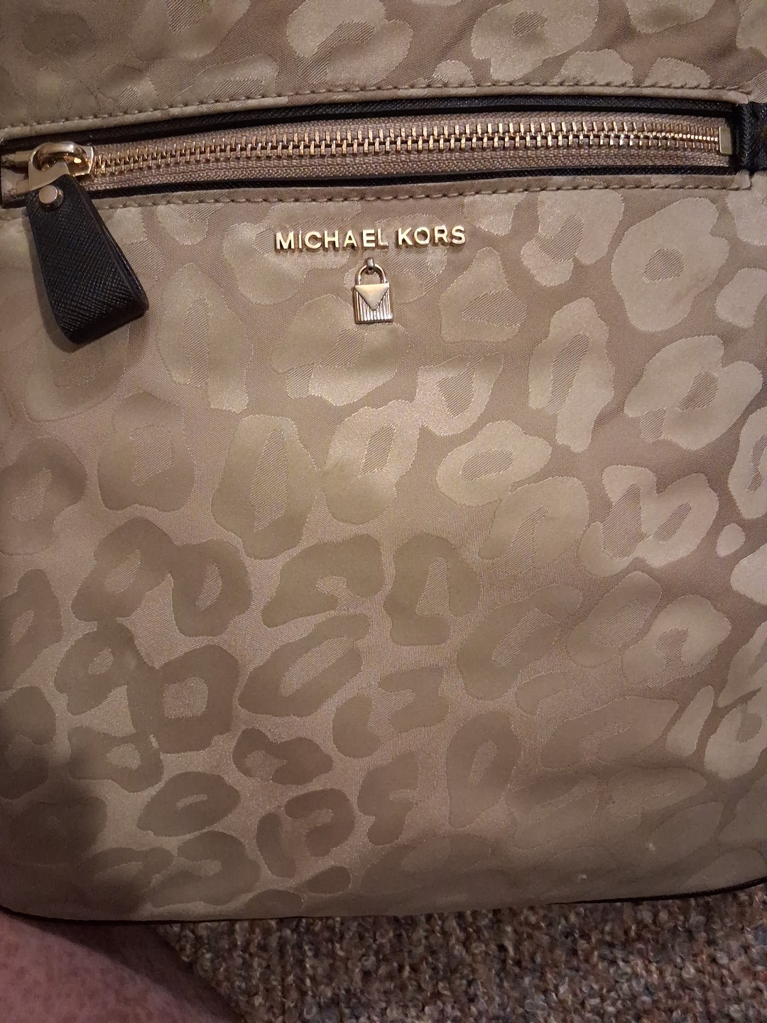 Michael Kors Crossbody Purse Bag Tan Nylon Kelsey Leopard Print Jacquard