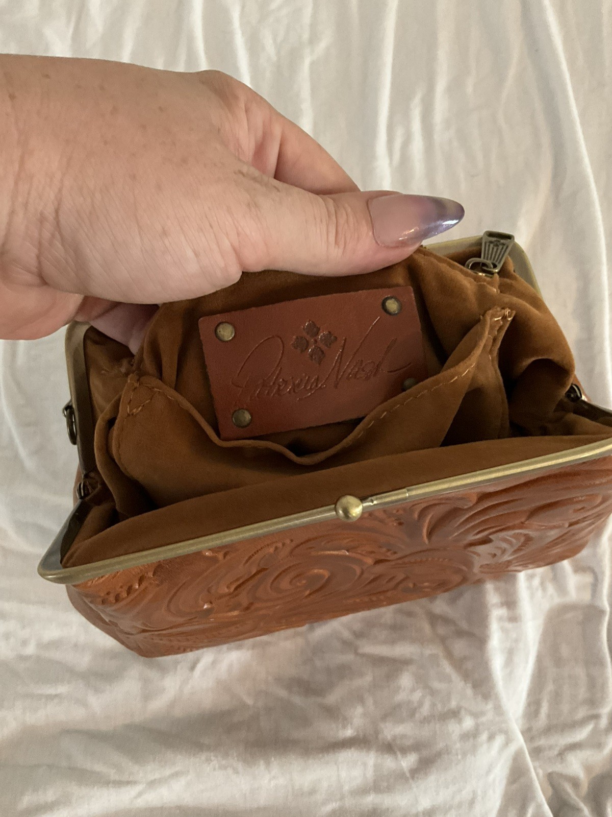 Patricia Nash Savena Antique Gold Kiss Lock Wristlet/Clutch Tooled Leather