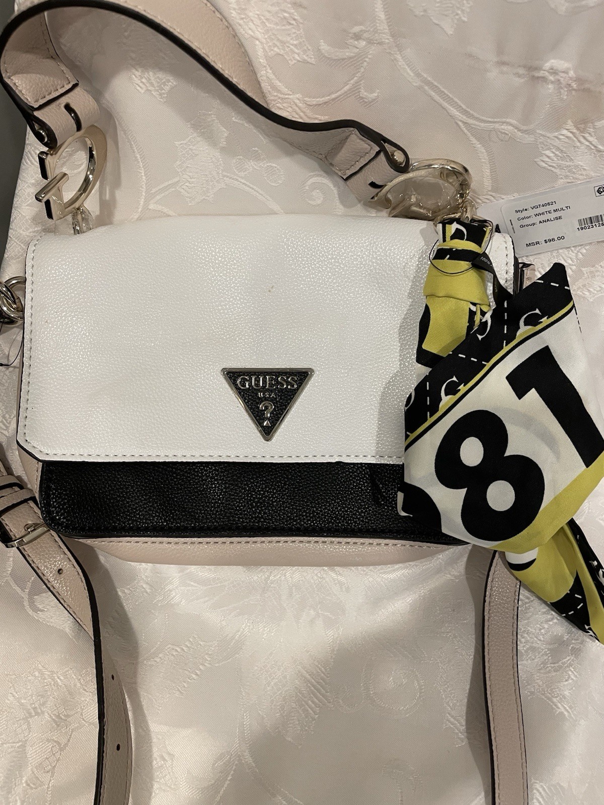 GUESS Women’s Small Colorblock Crossbody White/Black Zip Silver Hardware Charm