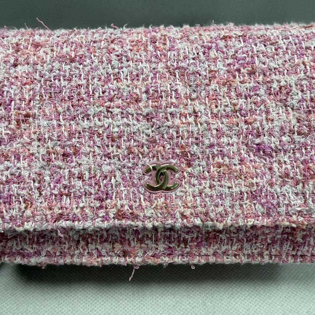 AUTH Chanel Classic Flap Pink Multicolor Tweed Gold‑Tone Interlocking CC Chain/