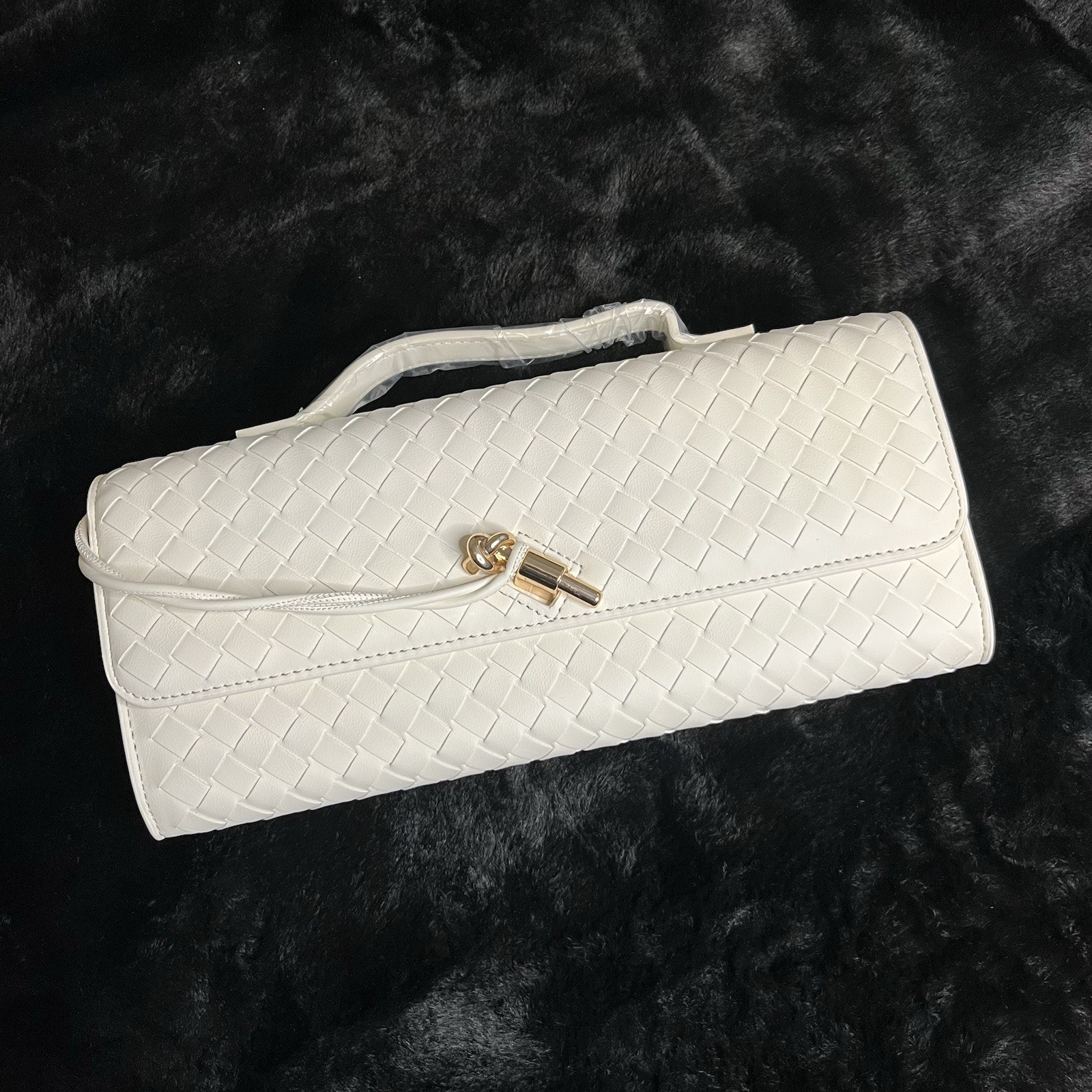 Few Moda East West Woven Clutch w/Crossbody Strap + Handle Cream Vegan Leather