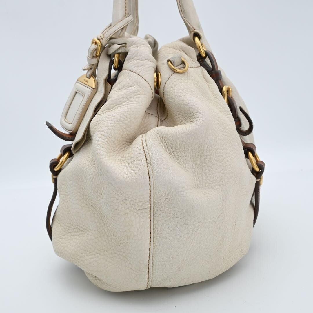 PRADA White Leather 2Way Handbag Shoulder Bag Gold Logo Charm 32cm Authentic