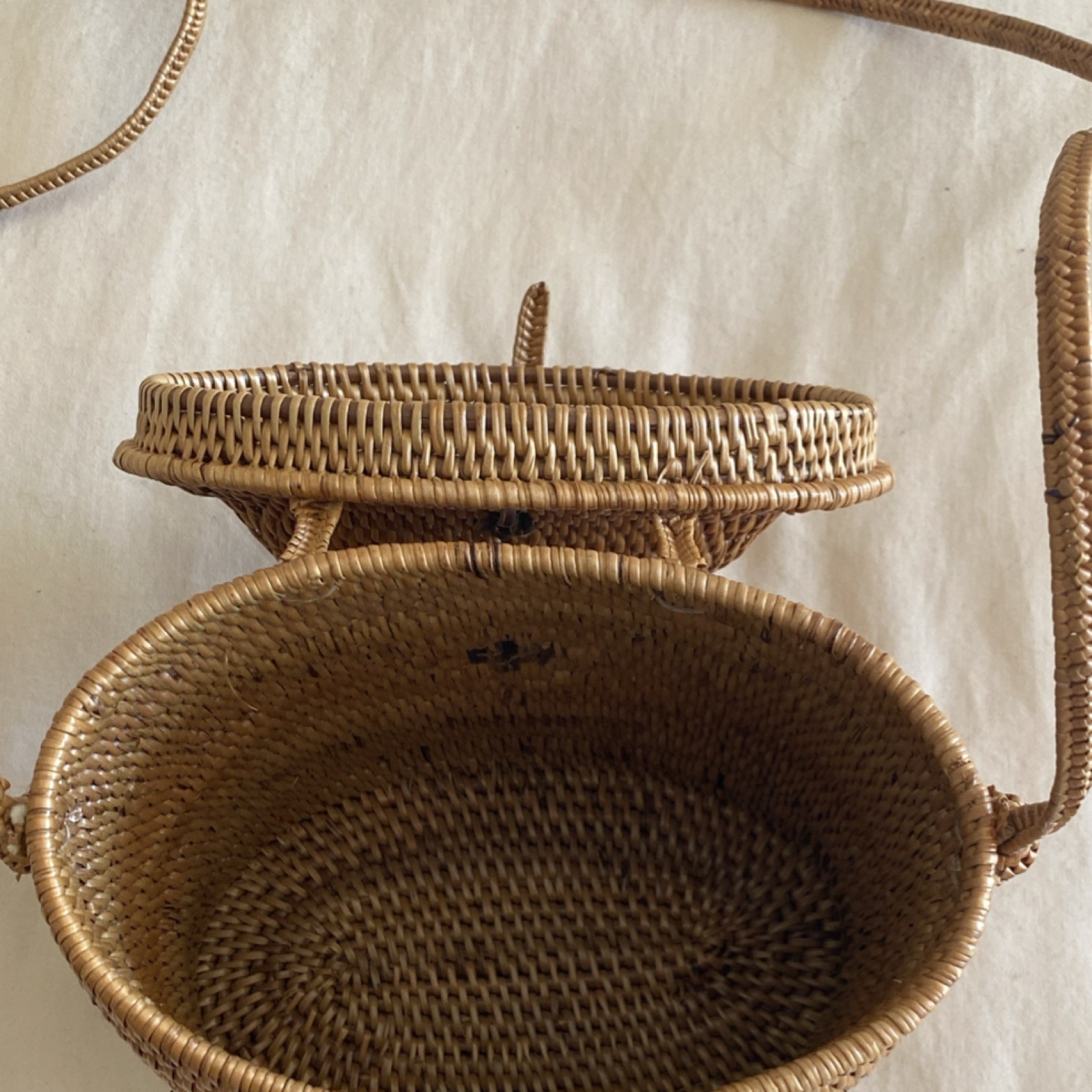 Natural Tan Woven Cylinder Crossbody Bag Handmade Lightweight Bohemian