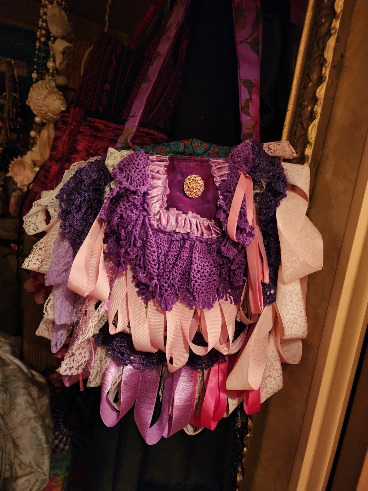 Purple Pink Boho Shoulder Bag Purse Handmade Lace Ribbon Trim Snap Lined Pockets