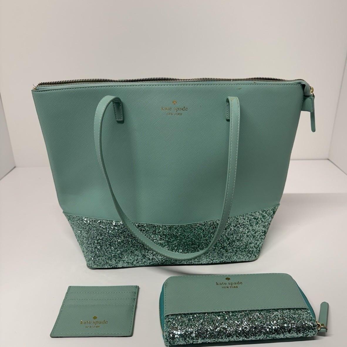 kate spade new york Aqua Glitter Tote Bag w/ Pouch, Zip Closure, Gold Hardware