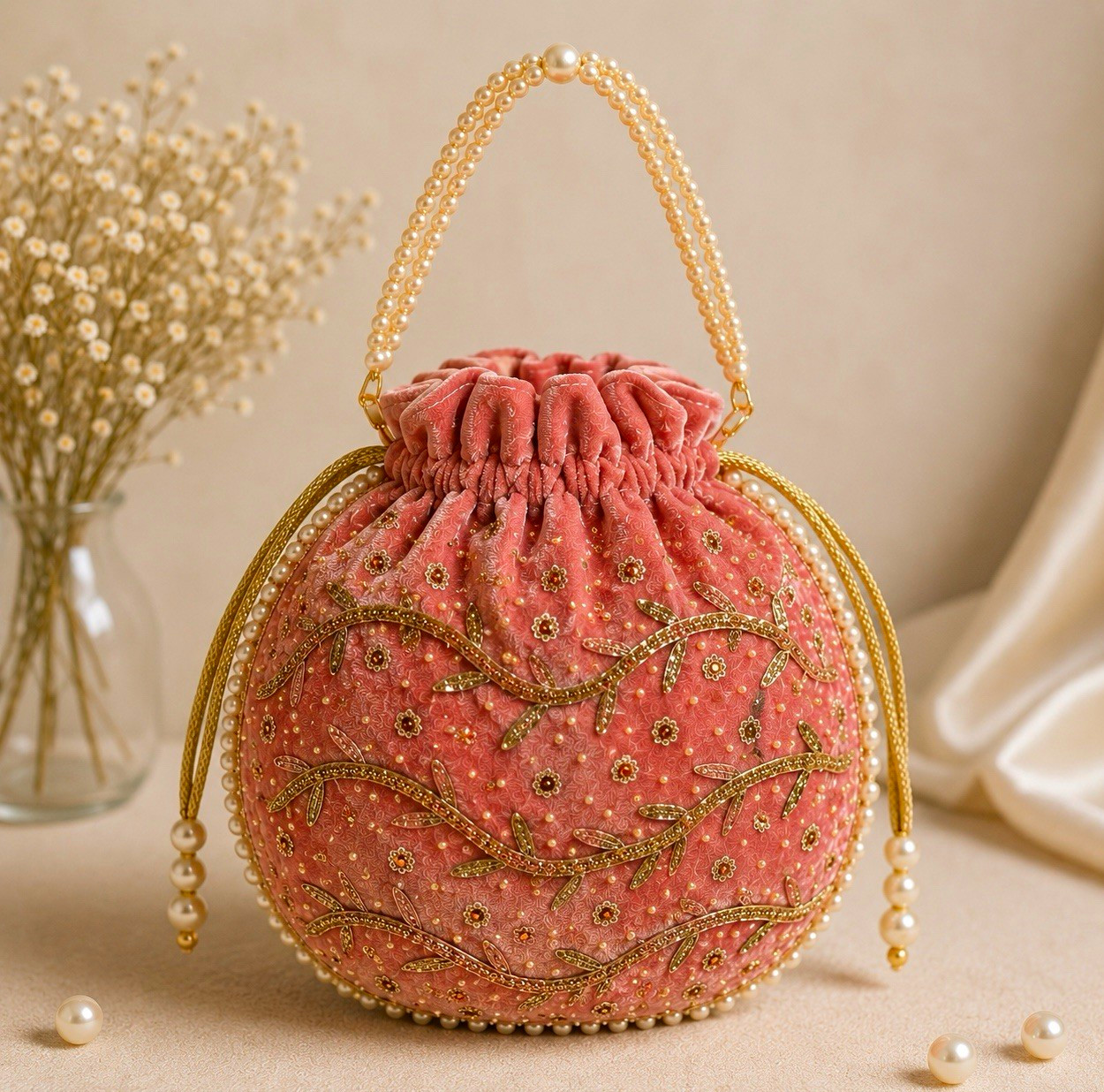 Handcrafted Velvet Potli Bag with Pearl Handle | Embroidered Ethnic Clutch |