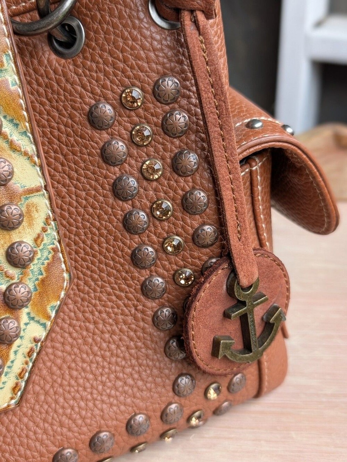 Trinity Ranch Western Tooled Anchor Shoulder Bag Brown Rhinestone Cowgirl Rodeo