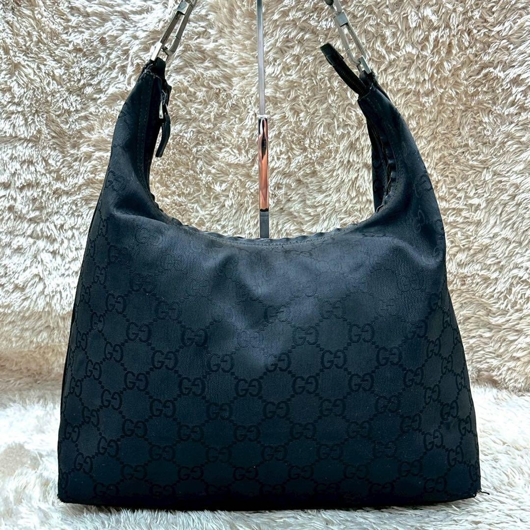 Auth Gucci One Shoulder Handbag GG Nylon Canvas Leather Black From Japan