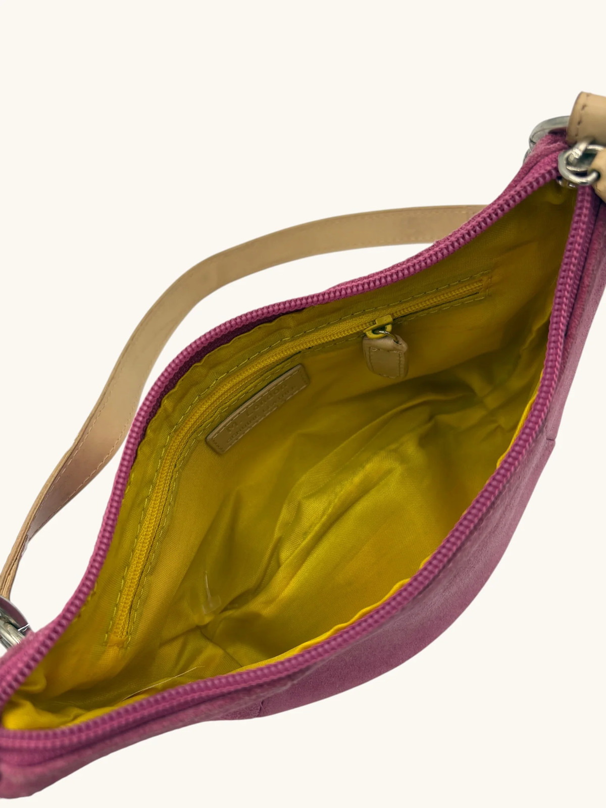 M. London Magenta Pink Suede Shoulder Bag Tan Leather Strap Ring Hardware Y2K