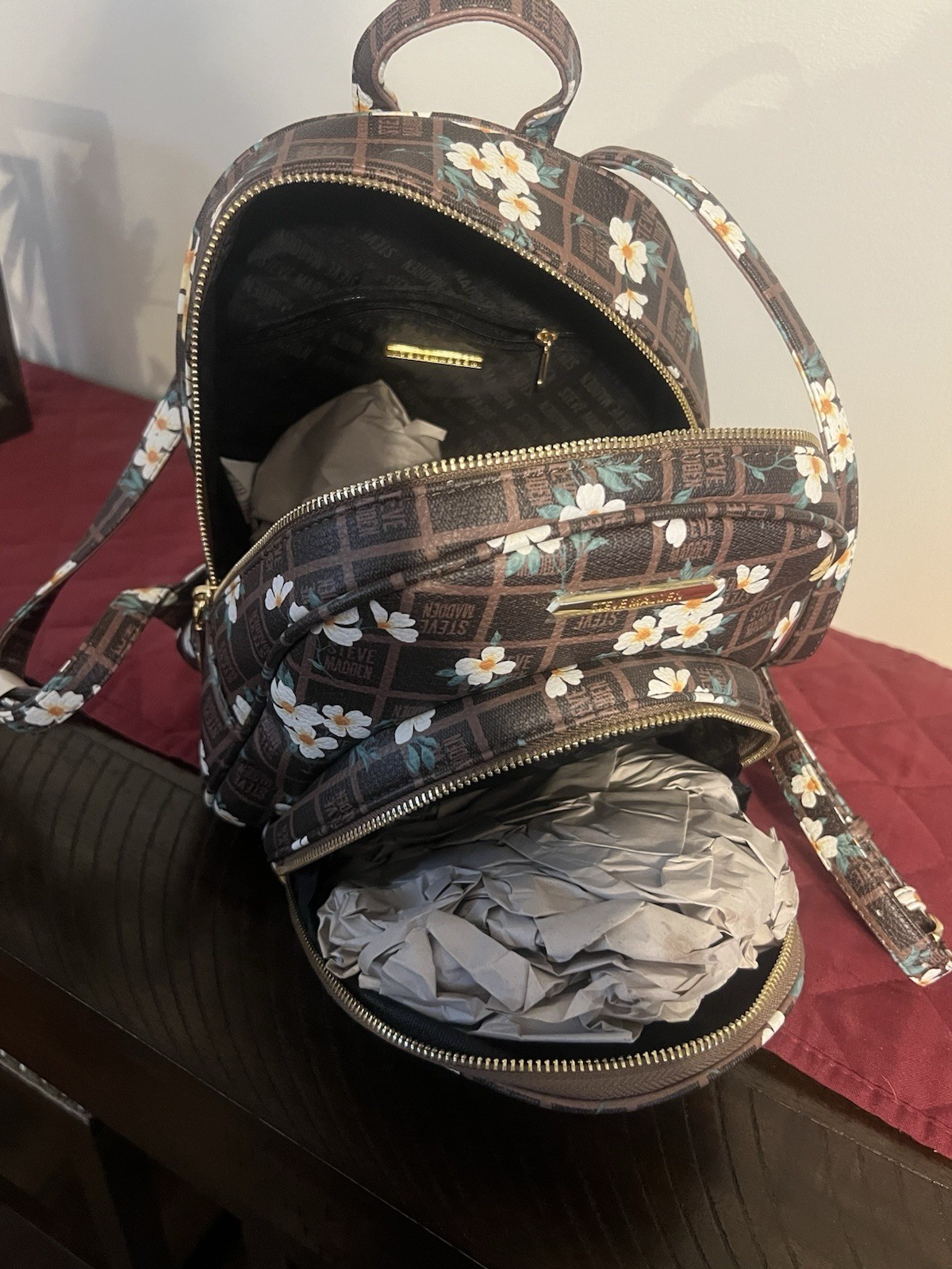 Steve Madden Brown Floral Mini Backpack Zip Closure Gold Hardware Inner Pockets