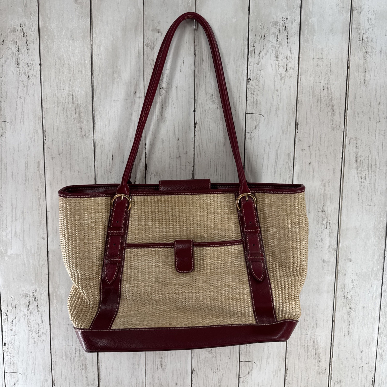Maxx New York Straw Tote Bag Red Leather Trim Large Shoulder Bag Woven Summer