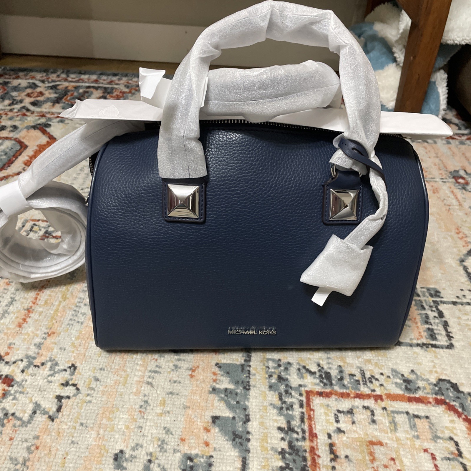 Michael Kors Grayson Women Medium Pebbled Leather Duffel Crossbody Handbag Navy