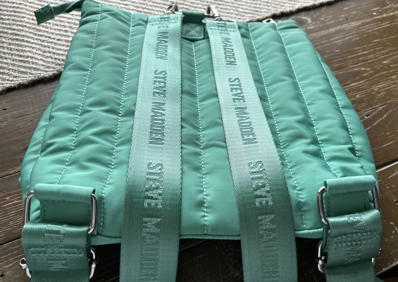 Steve Madden Sumba Mint Green Blue Nylon Puffy Logo Backpack w/ Silver Hardware