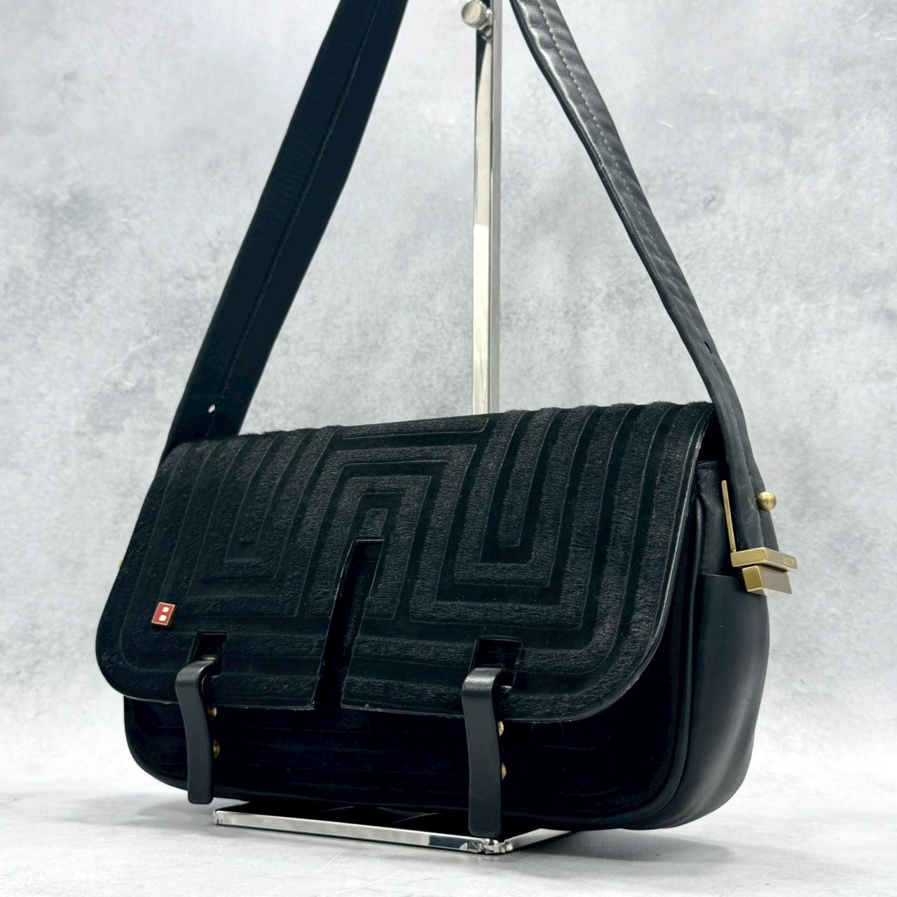 Bally Hair-On Leather Geometric Flap Shoulder Bag Black B Logo Italy Y2K