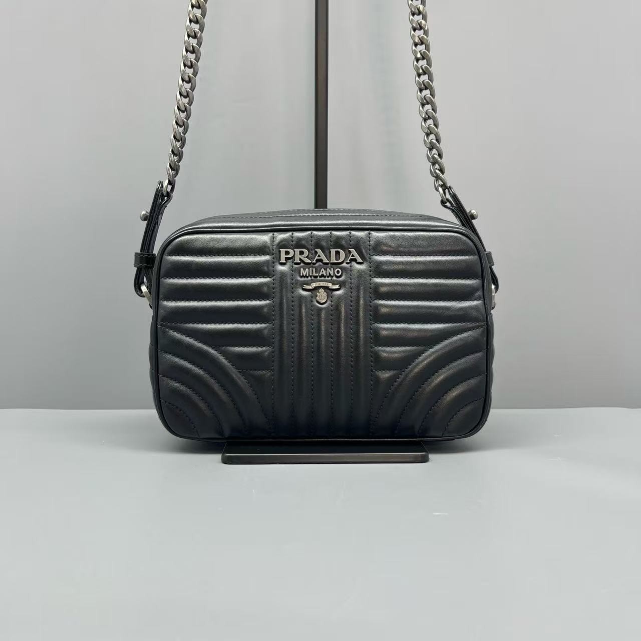 Prada Black Wave Quilted Lambskin Camera Chain Crossbody Bag AUTH
