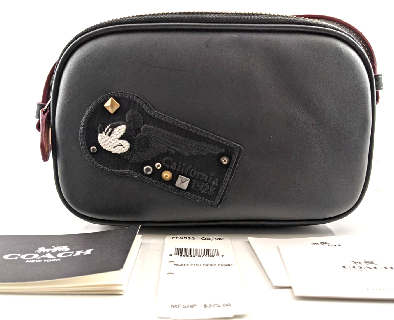 Coach X Disney F59532 Mickey Biker Patches Crossbody Pouch Leather Black New!