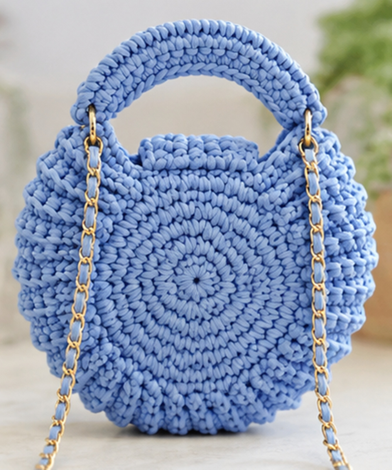 Cornflower Blue Crochet Crossbody Bag, Round Knit Purse with Gold Chain