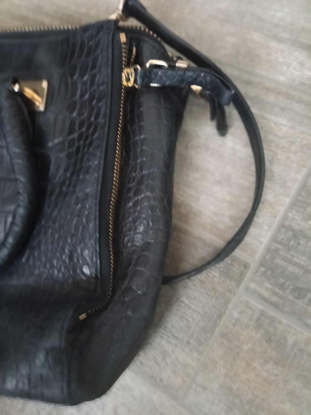 Kenneth Cole Black Croc-Embossed Satchel Top Handle, Zip, Detachable Strap