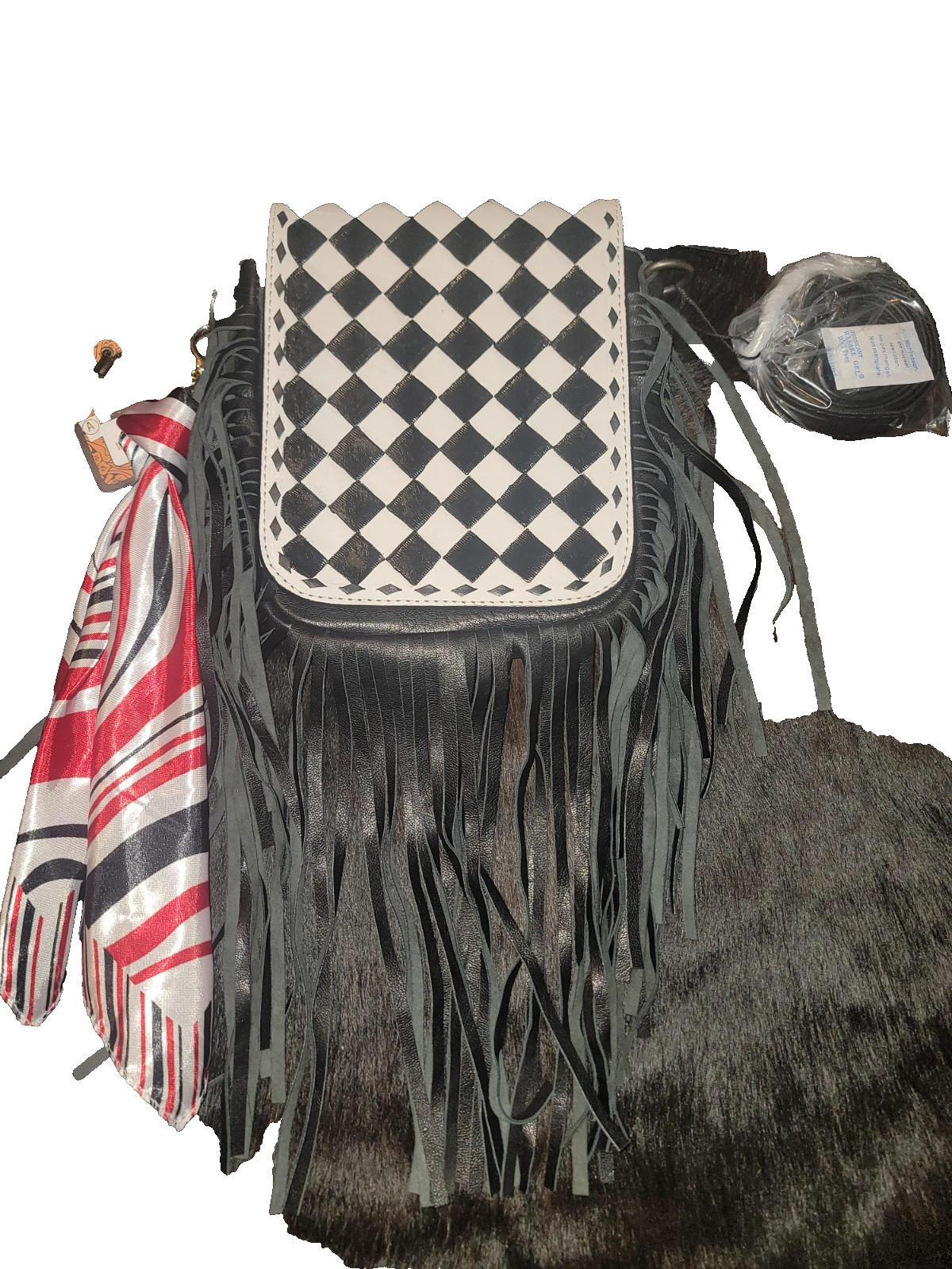 Black and White Checkered Leather Fringe Crossbody Bag