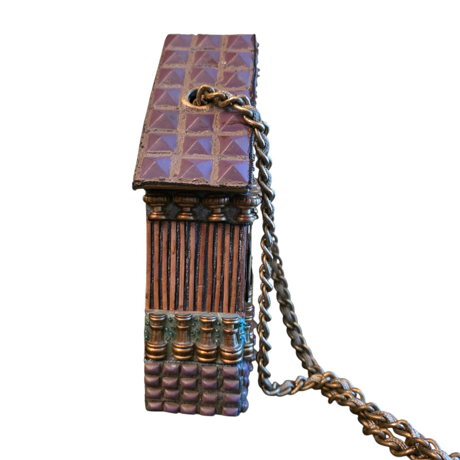 Wooden Hand Carved House Purse Novelty Box Bag Whimsical Cottage Style