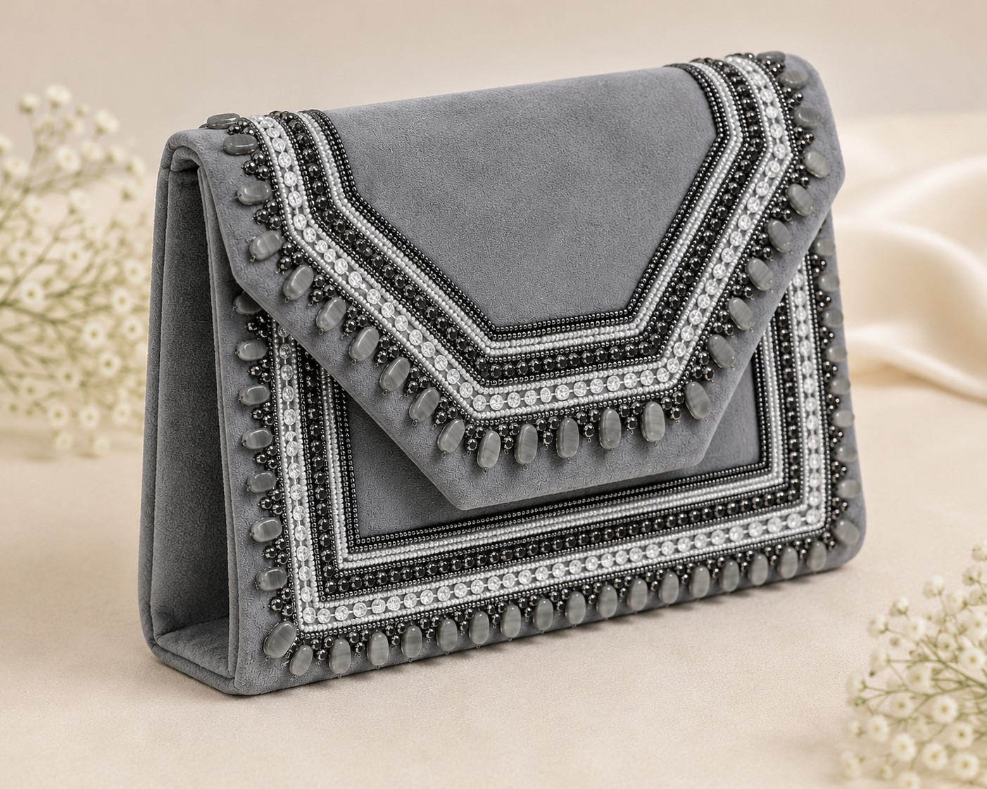 LuxeNest Grey Beaded Envelope Clutch Evening Party Wedding Bridal Handbag Purse