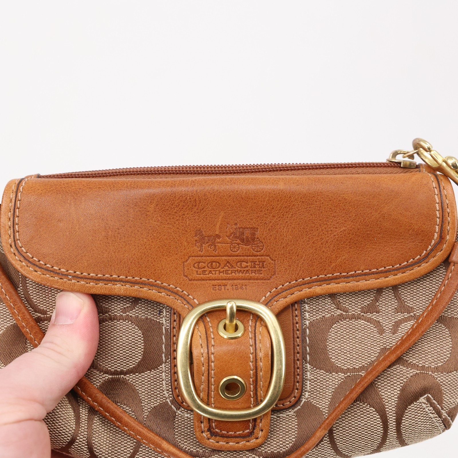 Coach Bleecker Buckle Monogram Wristlet Leather Wallet Purse Tan Cognac Brown
