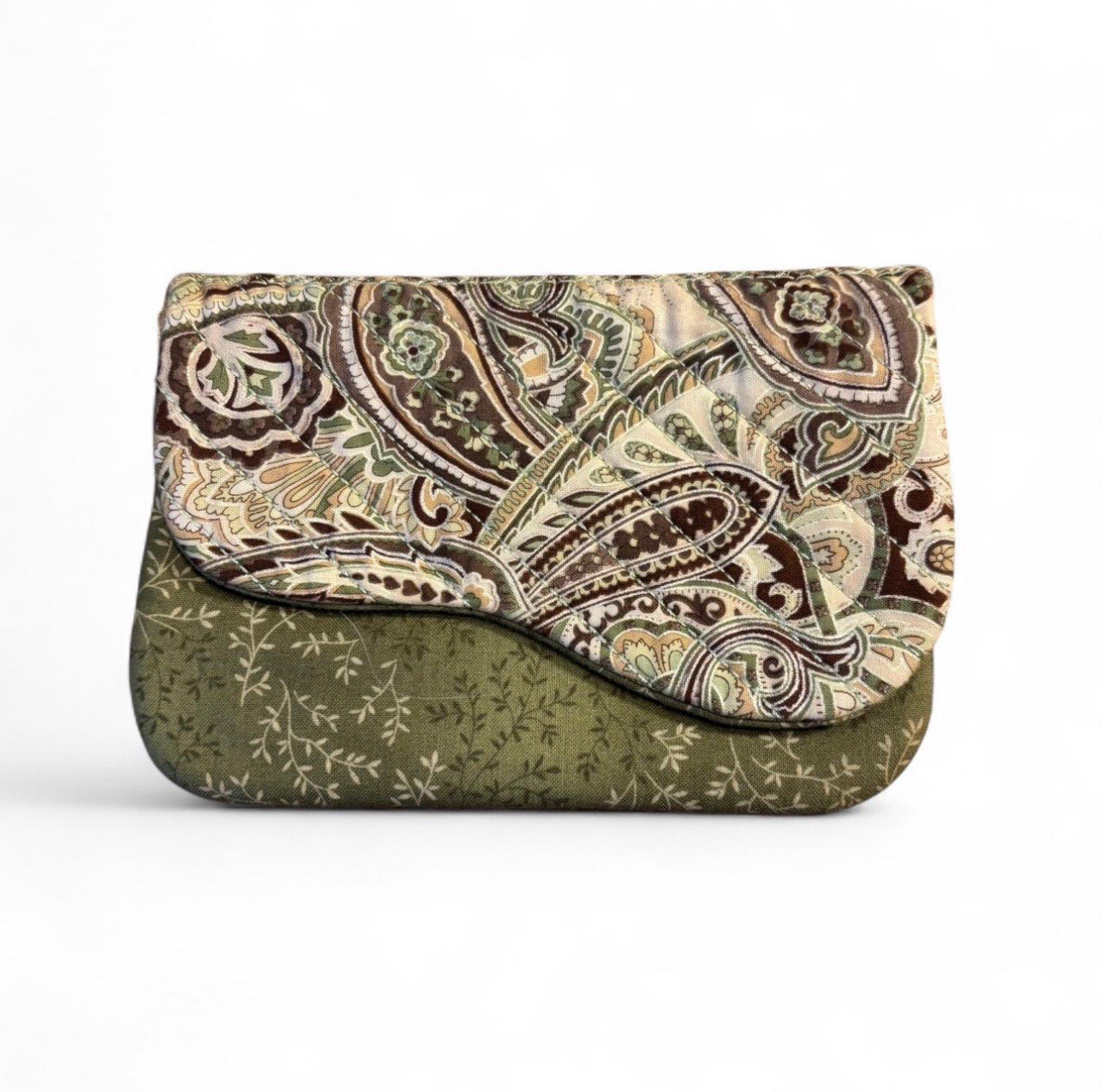 Handmade Quilted Fabric Pouch Bag Green Paisley Saddle Flap Boho Cottagecore