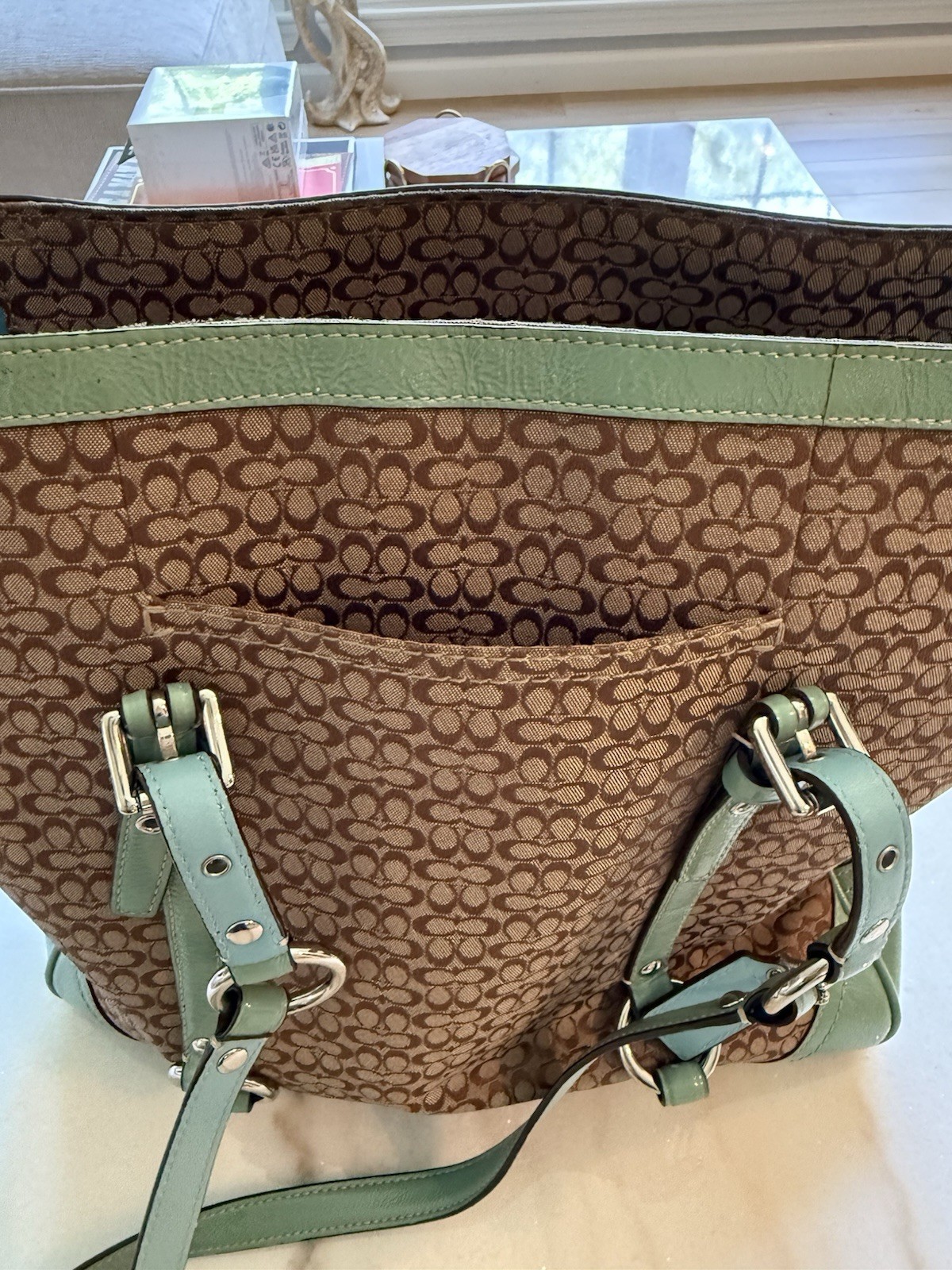 COACH Signature Tote Bag Brown/Green Turn Lock, Silver Hardware Detachable Strap