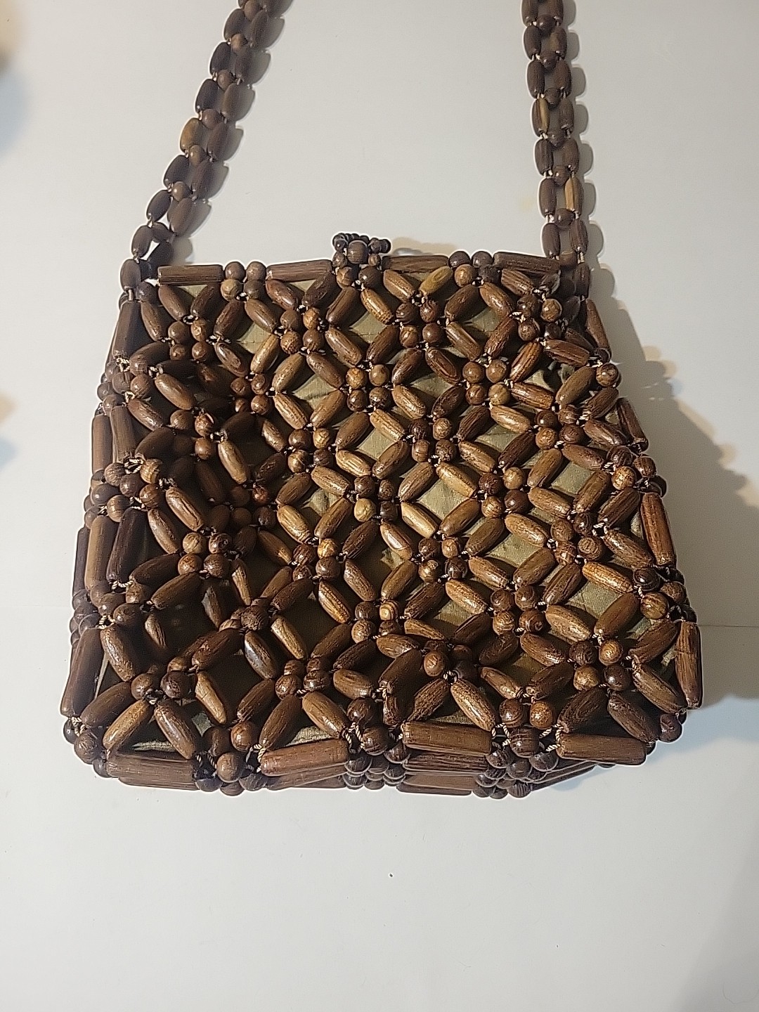 Vintage 1960s-70s Korean Wooden Bead Handbag Boho Shoulder Purse Made in Korea