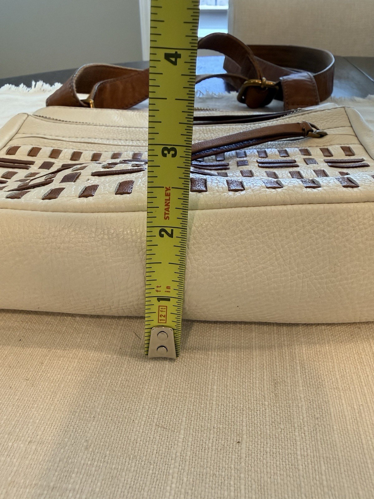Fossil Corey Leather Crossbody Shoulder Purse Woven Boho Bag Beige Tan Western