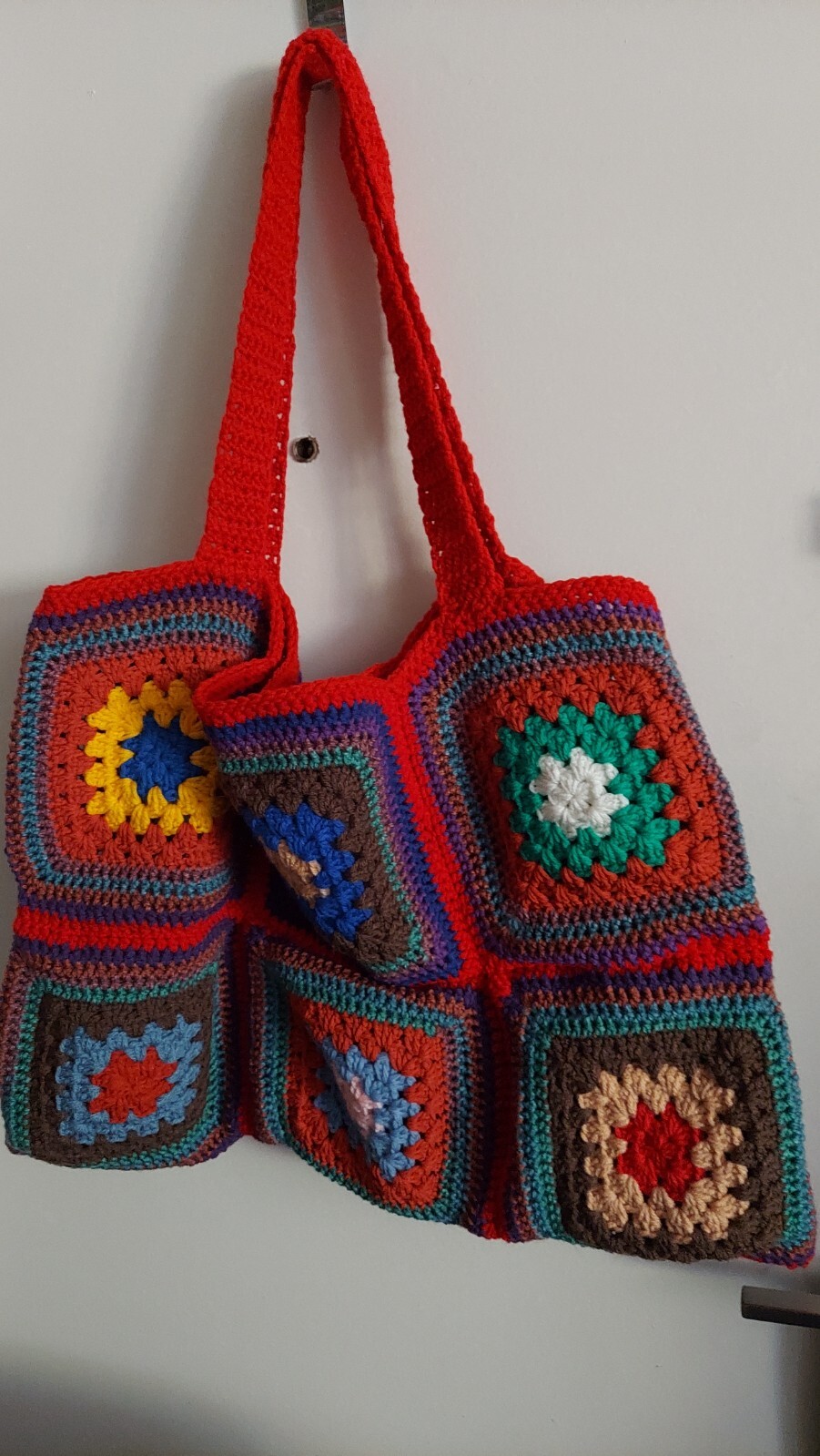 Cherry Trim Granny Square Tote/Market Bag, 28 inches wide, 18 inches deep, large