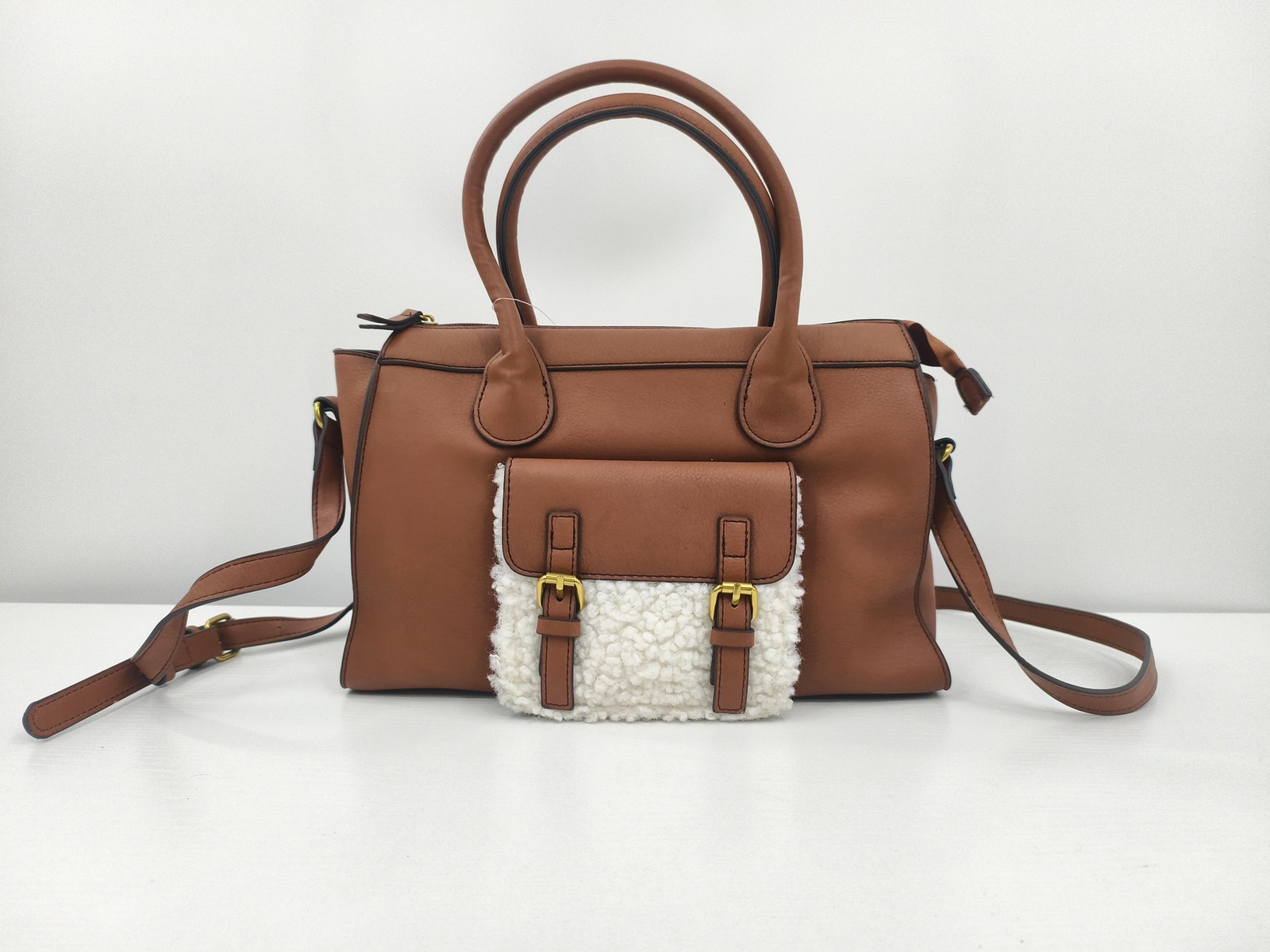 A.n.a Satchel Crossbody Bag Womens Medium Brown Faux Leather Sherpa Purse