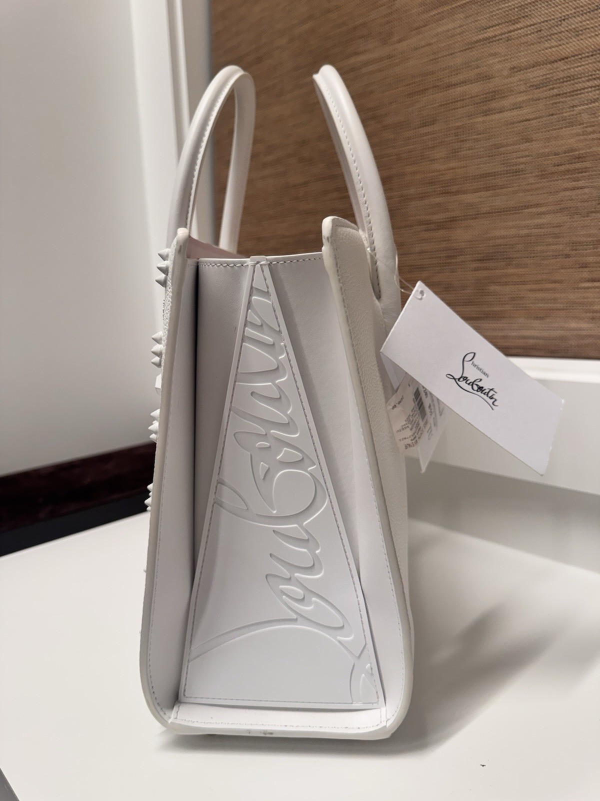 Christian Louboutin Paloma Medium White Calf Leather Studded Tote Bag Authentic