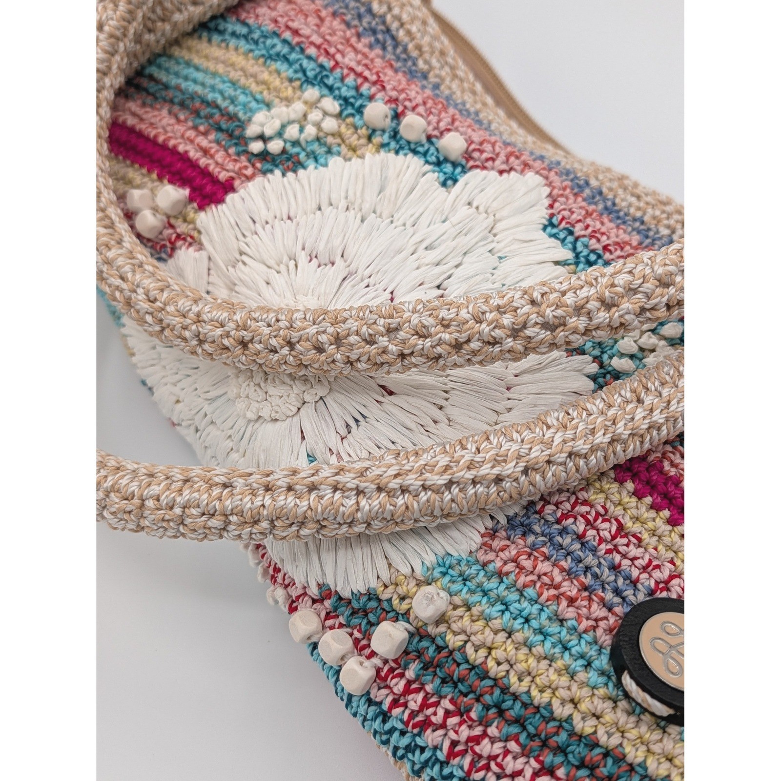The Sak Crochet Tote Bag Multi Color Striped Floral Bead Boho Shoulder Bag Large
