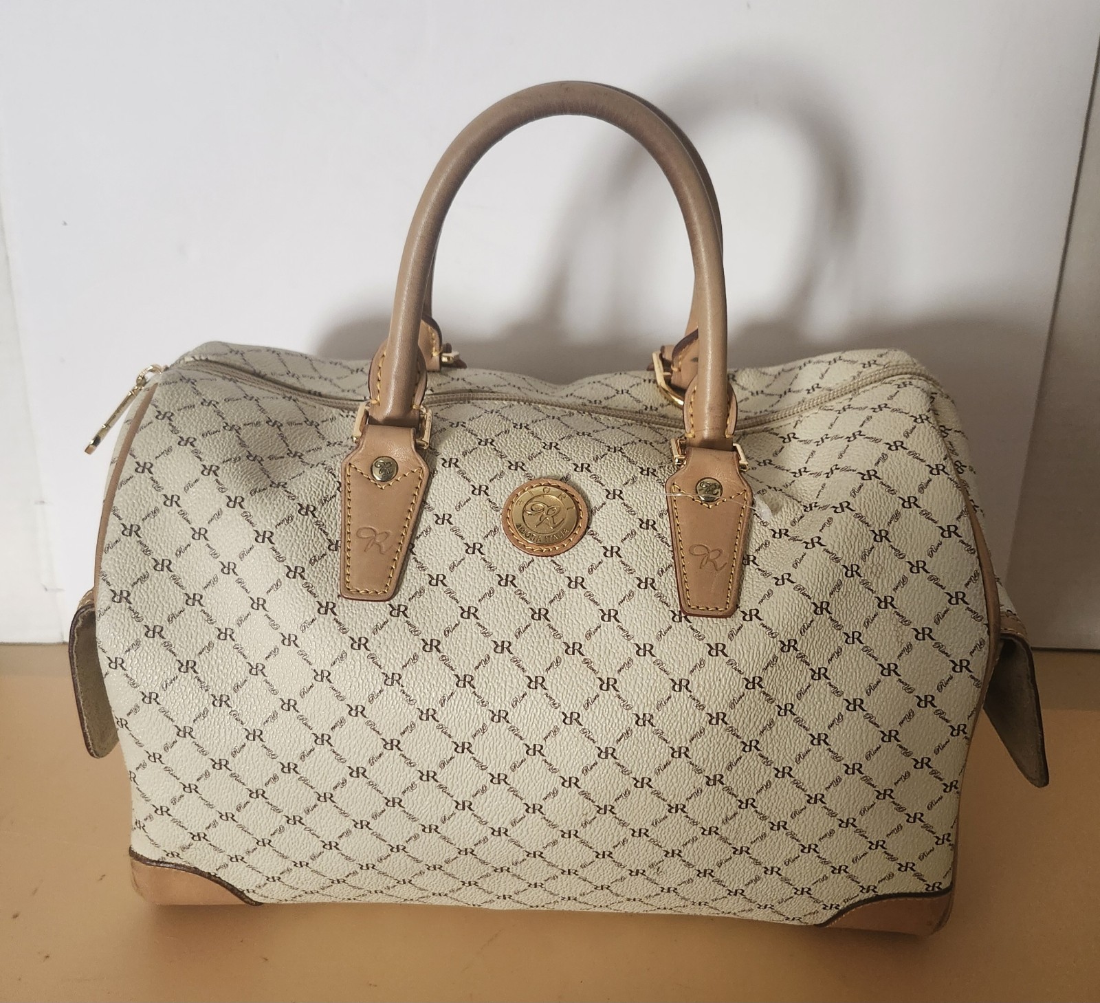 Rioni Boston Bag an espresso brown “RR” monogram Large Bag. —FREE SHIPPING—