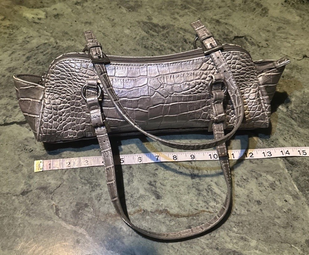 Y2K Bisou Bisou Shoulder Bag Purse Silver Croc Pattern Baguette 2 Handle Casual