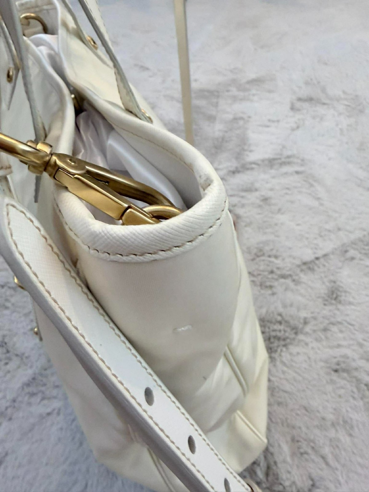 PRADA Tessuto Nylon Logo Tote Bag White Saffiano Leather Trim Shoulder AUTHENTIC