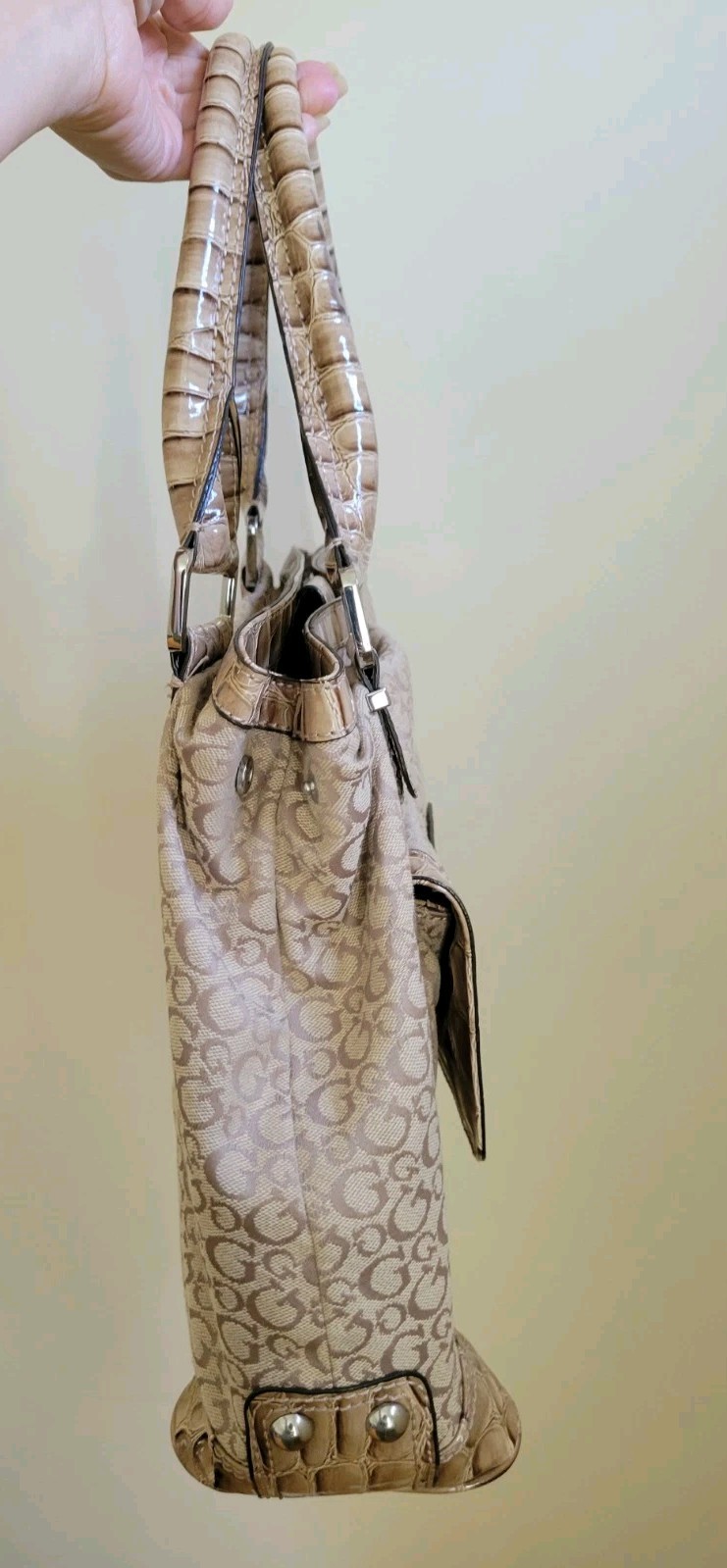Guess Purse Faux Croc G Logo Beige Tan Rhinestones Y2K Retro FLAW* SEE PIC READ