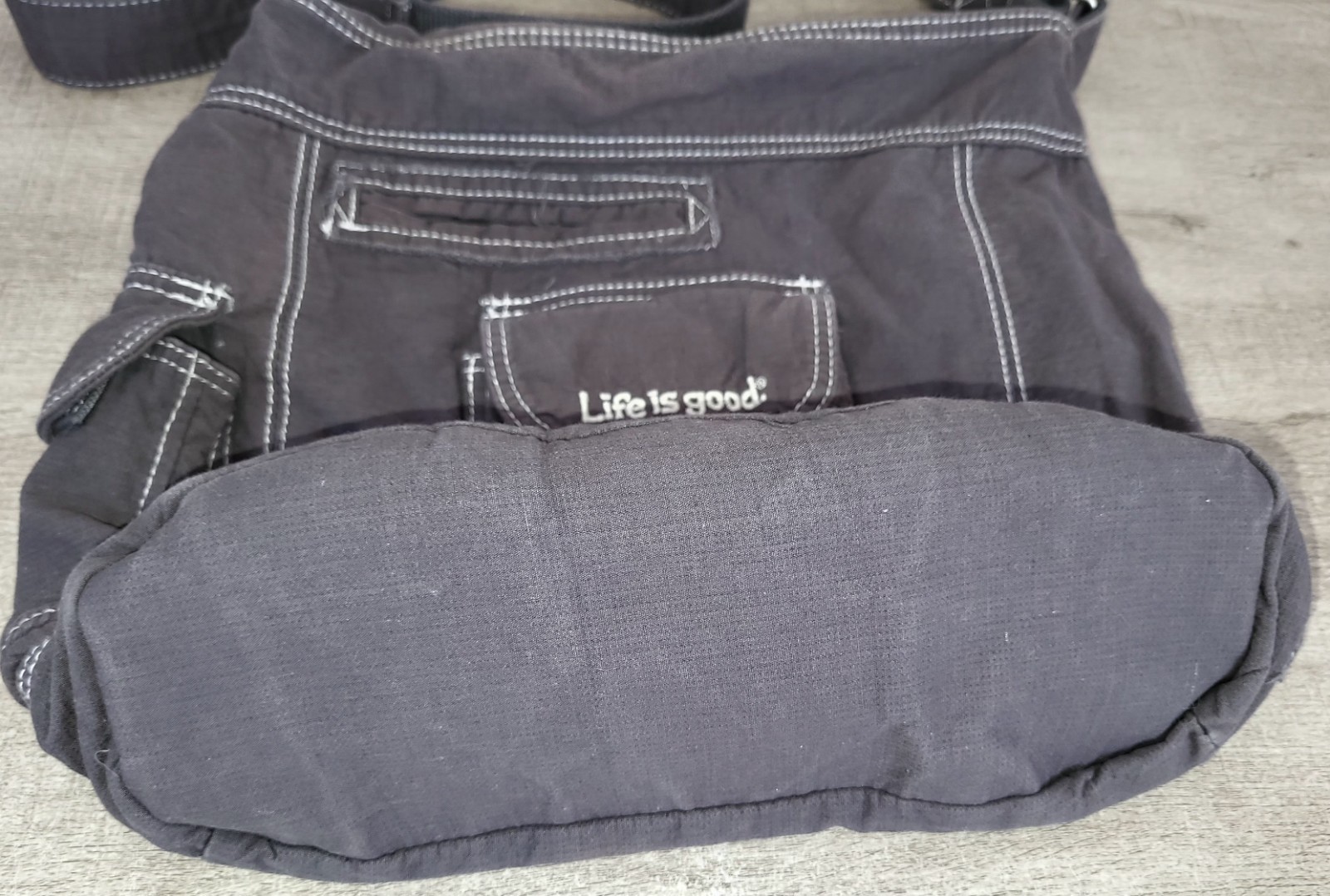 Life Is Good Dark Gray Boho Style Purse Crossbody Bag w Pockets Washable Cotton