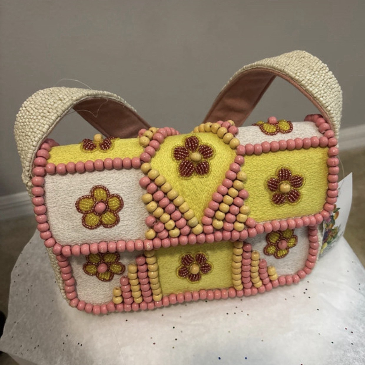 Beaded Floral Shoulder Bag Small Pink Yellow Ivory Lined Inner Pockets