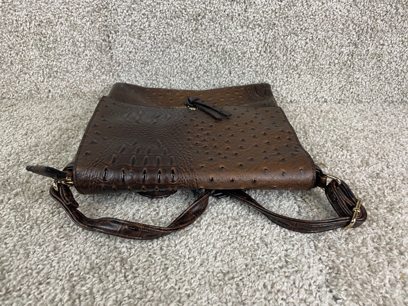 Jordache Crossbody Bag Purse Embossed Faux Leather Ostrich Strap Brown